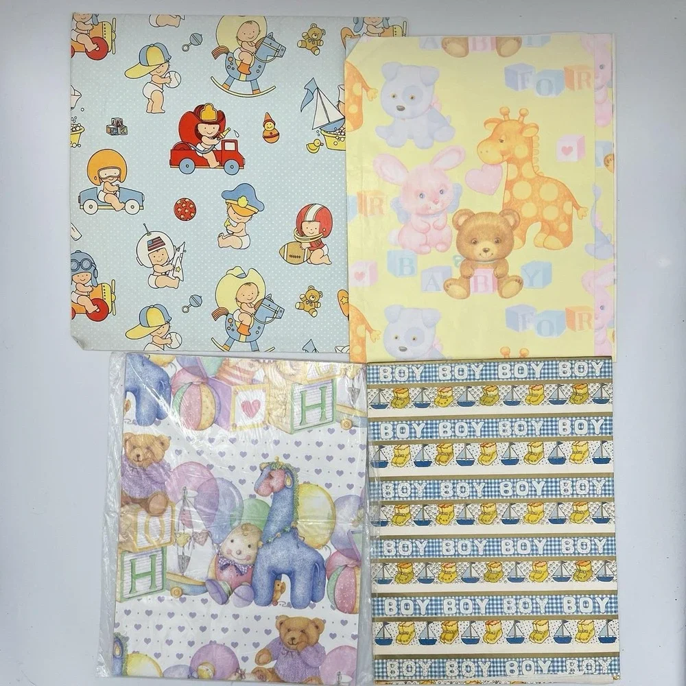 Vintage Lot‎ of 7 BABY Gift Wrap Wrapping Paper Loose Sheets 1970-80s